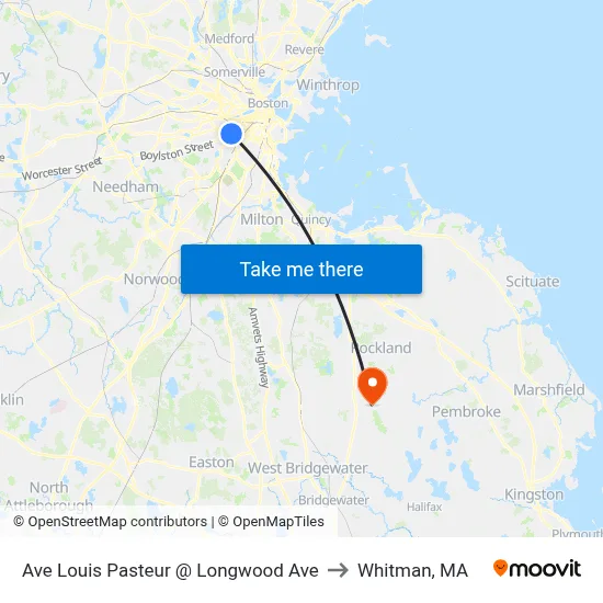 Ave Louis Pasteur @ Longwood Ave to Whitman, MA map