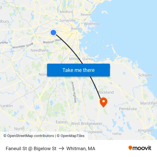 Faneuil St @ Bigelow St to Whitman, MA map