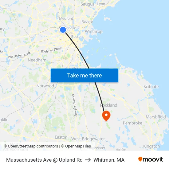 Massachusetts Ave @ Upland Rd to Whitman, MA map