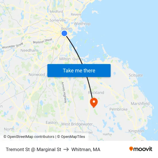 Tremont St @ Marginal St to Whitman, MA map