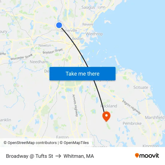 Broadway @ Tufts St to Whitman, MA map