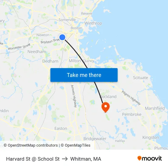 Harvard St @ School St to Whitman, MA map