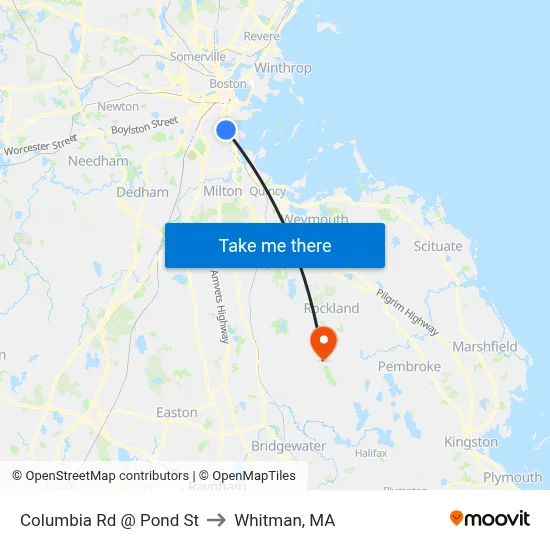 Columbia Rd @ Pond St to Whitman, MA map