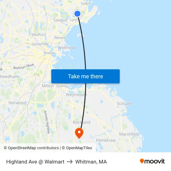 Highland Ave @ Walmart to Whitman, MA map