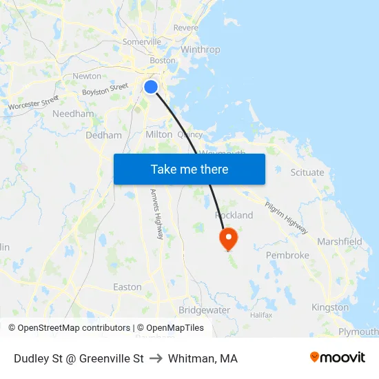 Dudley St @ Greenville St to Whitman, MA map