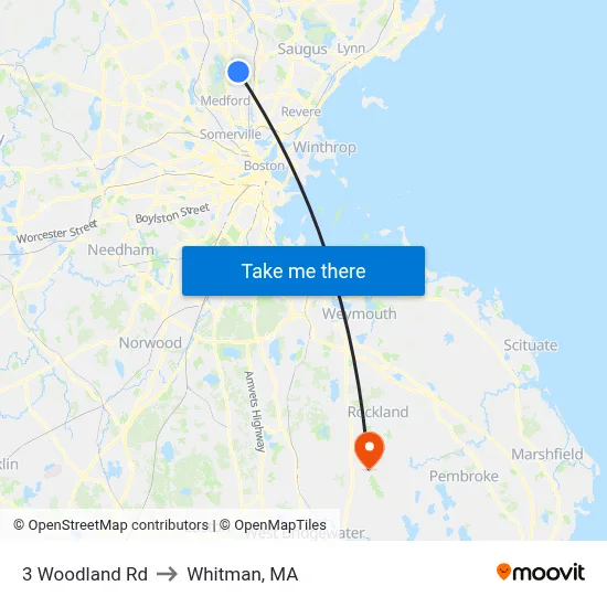 3 Woodland Rd to Whitman, MA map