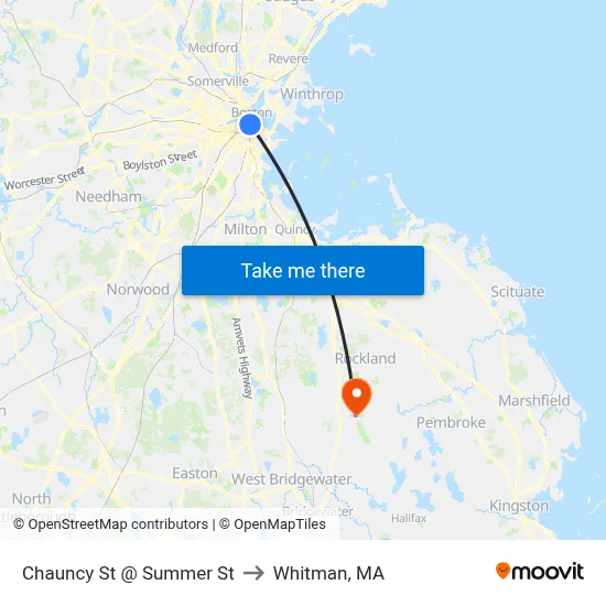 Chauncy St @ Summer St to Whitman, MA map