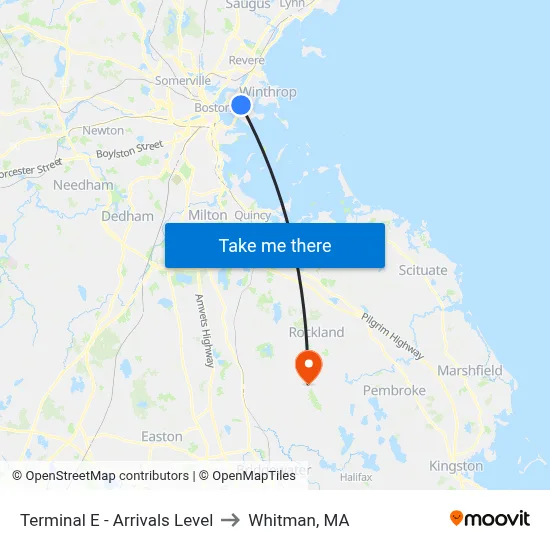 Terminal E - Arrivals Level to Whitman, MA map