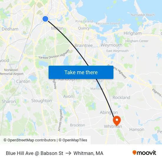 Blue Hill Ave @ Babson St to Whitman, MA map