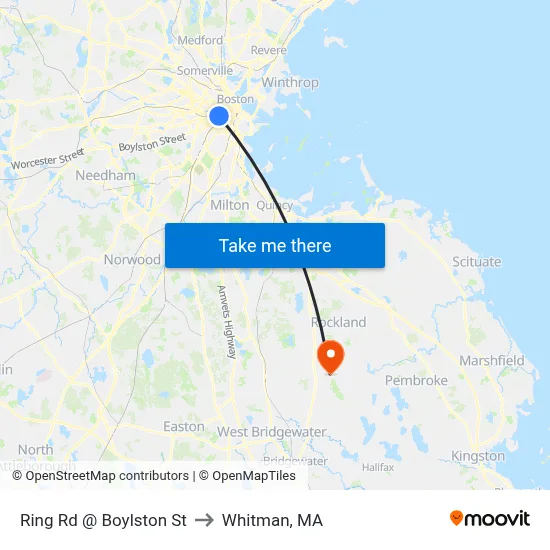 Ring Rd @ Boylston St to Whitman, MA map
