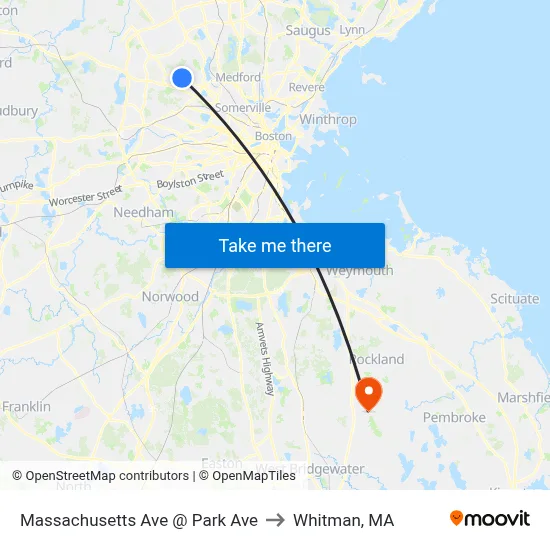 Massachusetts Ave @ Park Ave to Whitman, MA map