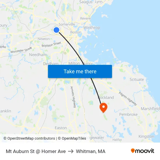Mt Auburn St @ Homer Ave to Whitman, MA map