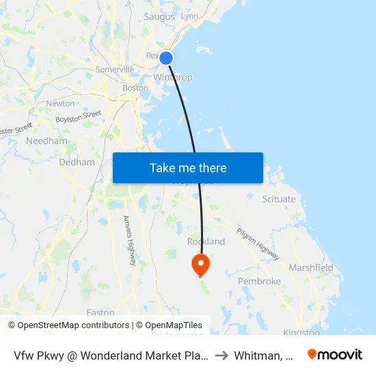 Vfw Pkwy @ Wonderland Market Place to Whitman, MA map