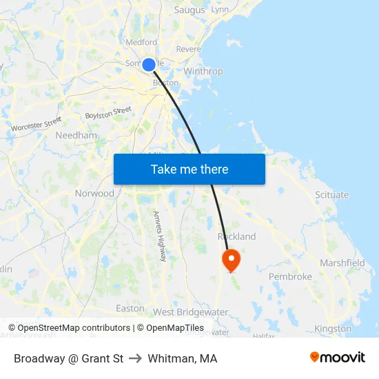 Broadway @ Grant St to Whitman, MA map