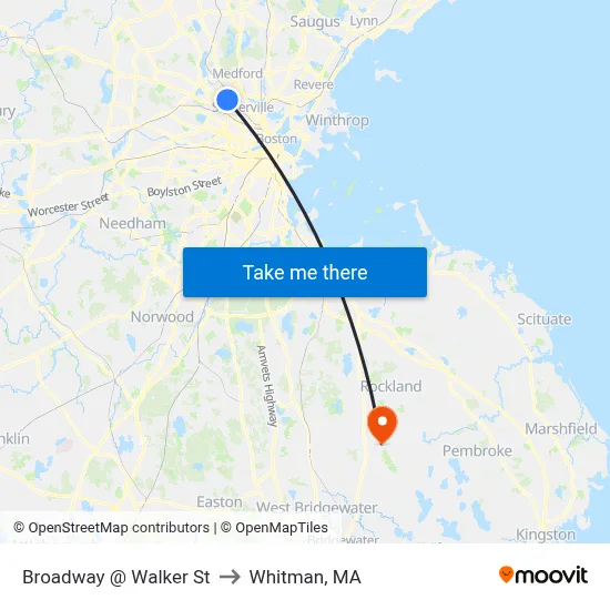 Broadway @ Walker St to Whitman, MA map