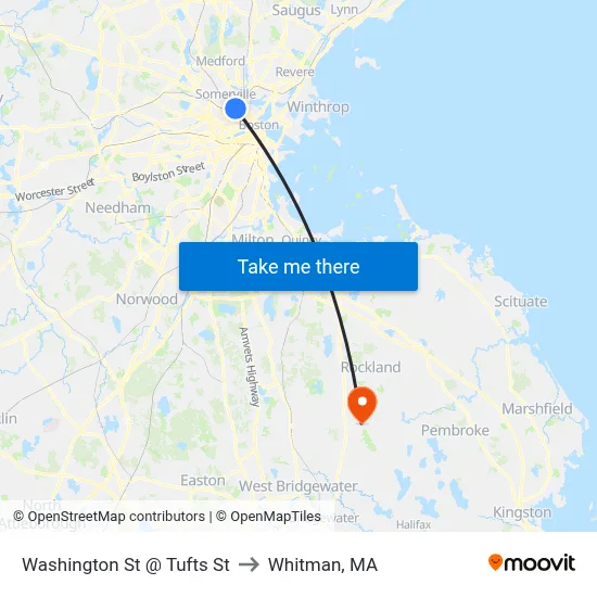Washington St @ Tufts St to Whitman, MA map