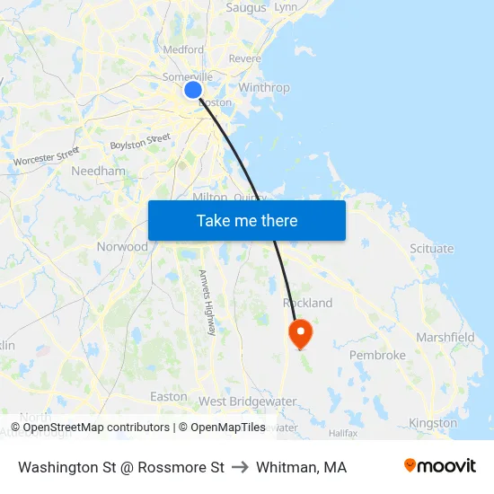 Washington St @ Rossmore St to Whitman, MA map