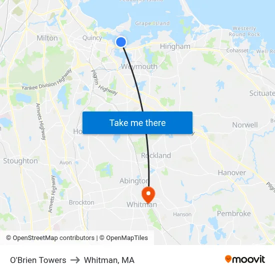 O'Brien Towers to Whitman, MA map