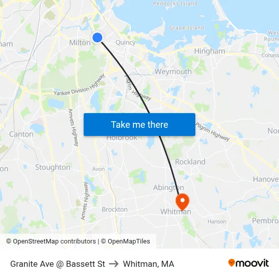 Granite Ave @ Bassett St to Whitman, MA map