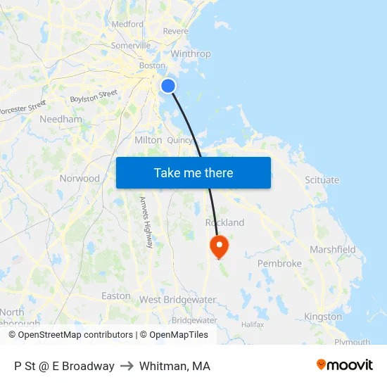 P St @ E Broadway to Whitman, MA map
