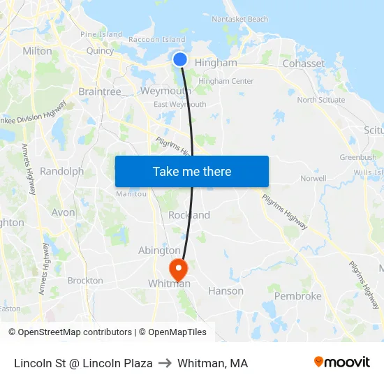 Lincoln St @ Lincoln Plaza to Whitman, MA map