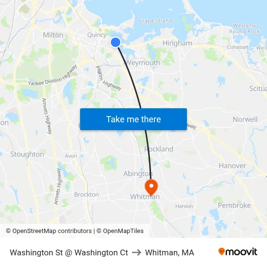 Washington St @ Washington Ct to Whitman, MA map