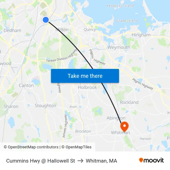 Cummins Hwy @ Hallowell St to Whitman, MA map