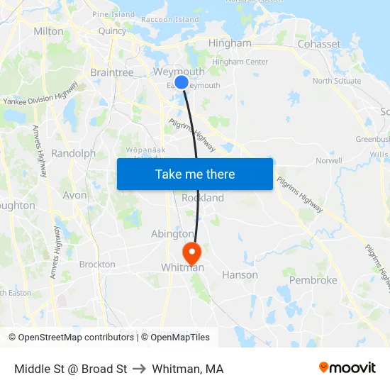 Middle St @ Broad St to Whitman, MA map