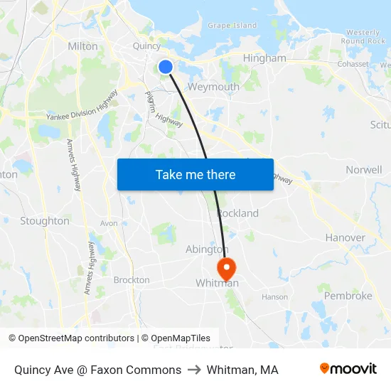 Quincy Ave @ Faxon Commons to Whitman, MA map