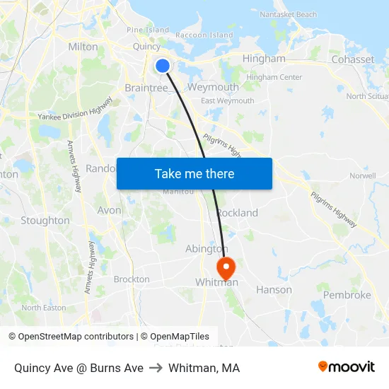 Quincy Ave @ Burns Ave to Whitman, MA map