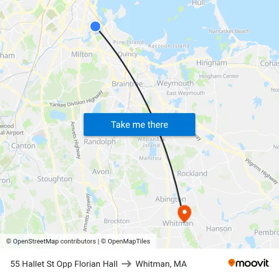 55 Hallet St Opp Florian Hall to Whitman, MA map
