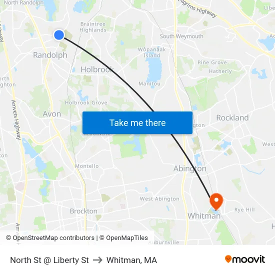North St @ Liberty St to Whitman, MA map