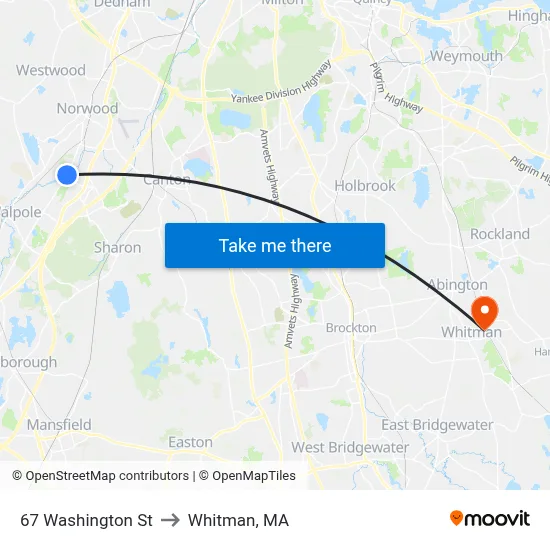 67 Washington St to Whitman, MA map