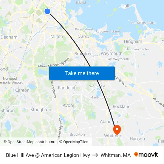 Blue Hill Ave @ American Legion Hwy to Whitman, MA map