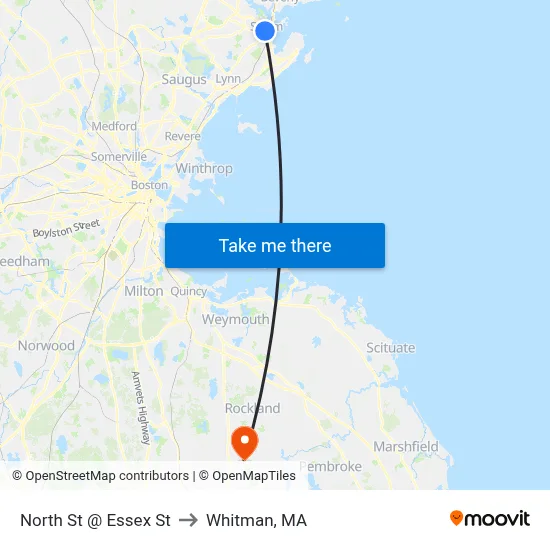 North St @ Essex St to Whitman, MA map