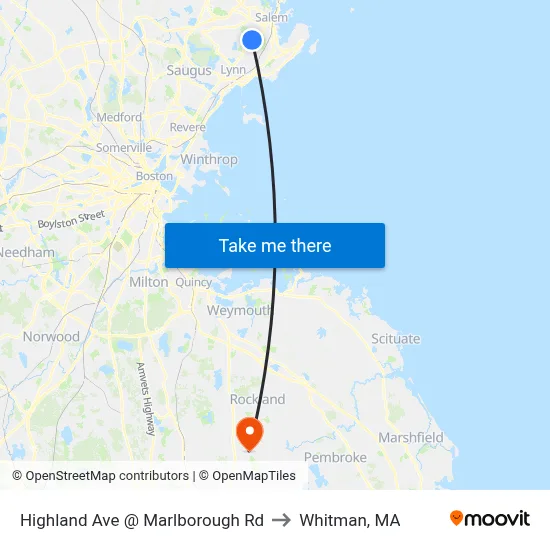 Highland Ave @ Marlborough Rd to Whitman, MA map