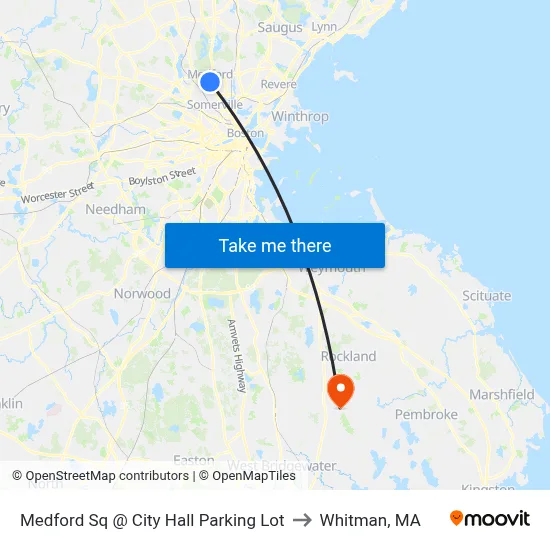 Medford Sq @ City Hall Parking Lot to Whitman, MA map