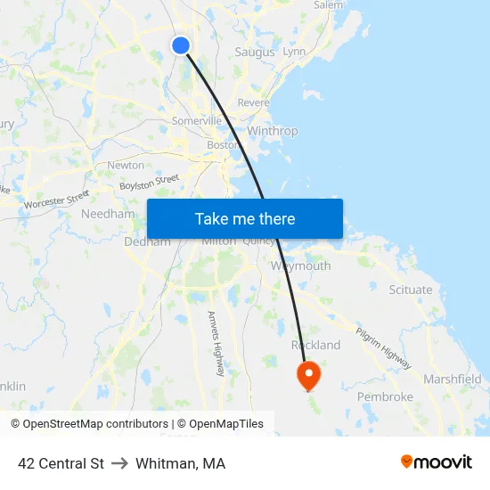 42 Central St to Whitman, MA map