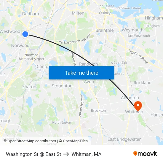 Washington St @ East St to Whitman, MA map