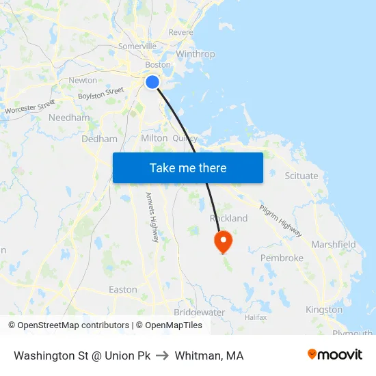 Washington St @ Union Pk to Whitman, MA map