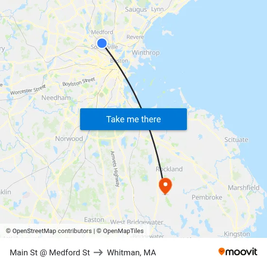 Main St @ Medford St to Whitman, MA map