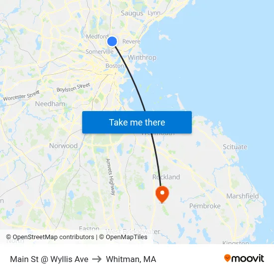 Main St @ Wyllis Ave to Whitman, MA map
