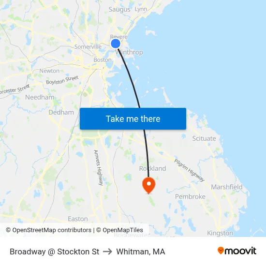Broadway @ Stockton St to Whitman, MA map