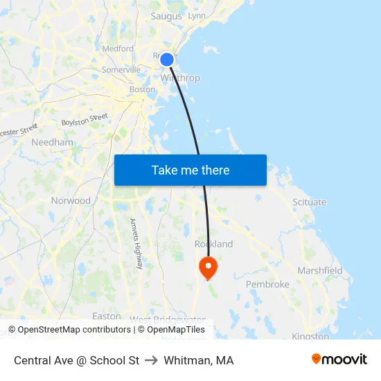 Central Ave @ School St to Whitman, MA map