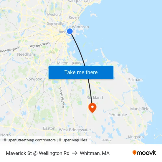 Maverick St @ Wellington Rd to Whitman, MA map
