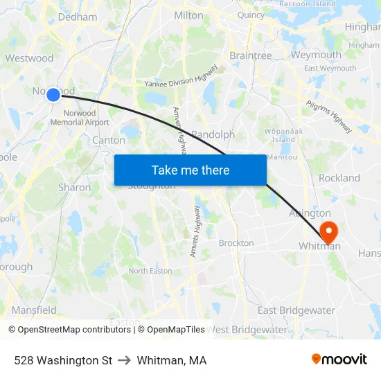 528 Washington St to Whitman, MA map