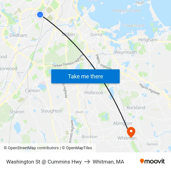 Washington St @ Cummins Hwy to Whitman, MA map