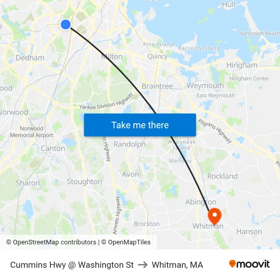 Cummins Hwy @ Washington St to Whitman, MA map