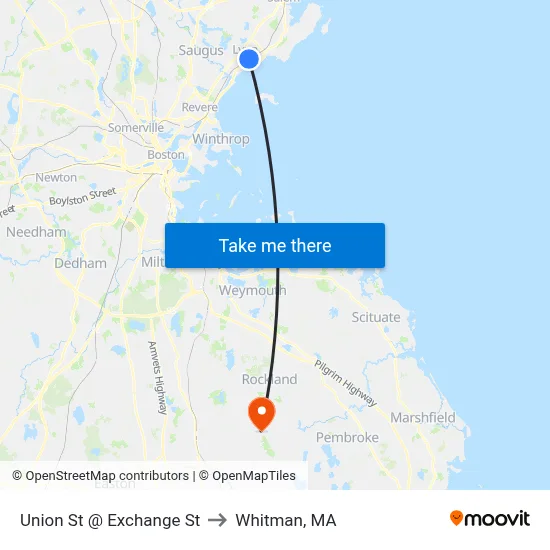 Union St @ Exchange St to Whitman, MA map