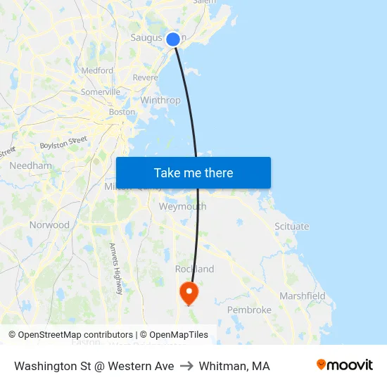 Washington St @ Western Ave to Whitman, MA map